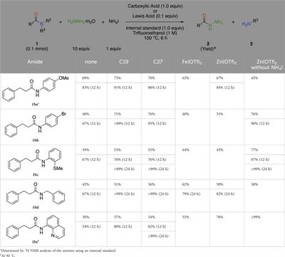 Evaluation of functional group compatibility and development of reaction-accelerating additives in ammonium salt-accelerated hydrazinolysis of amides